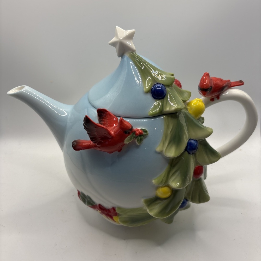 Vtg Pier 1 Imports Christmas Tree & Cardinal 3D Hand-painted Porcelain Teapot